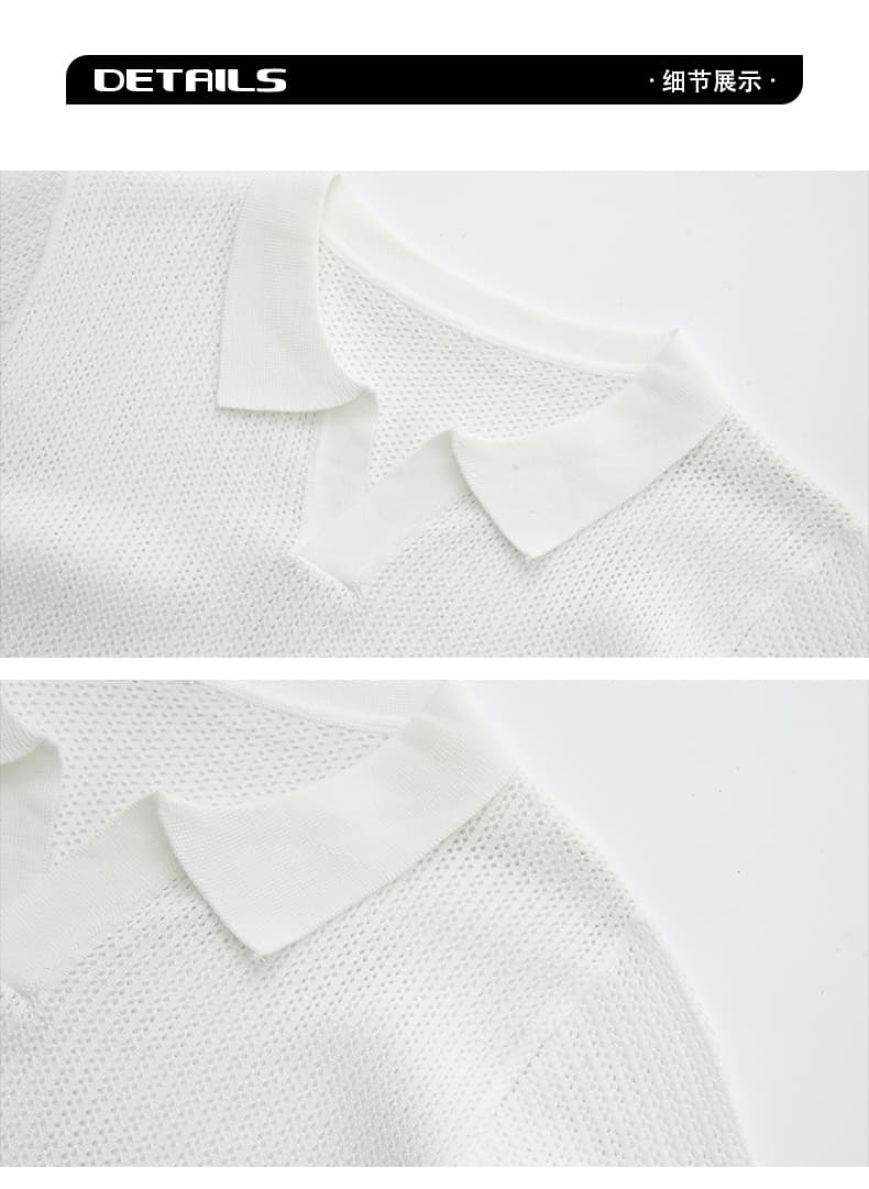 실사 오래된 돈 후아 남편 그리드 질감 POLO 셔츠 남자 여름 새로운 조수 브랜드 자카드 니트 통기성 V넥 반팔 티셔츠 상세 이미지 13