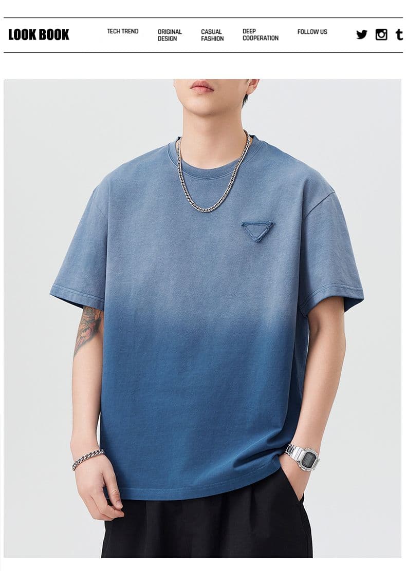 실사 여름 아메리칸 무거운 300 그램 조수 브랜드 그라데이션 워싱 순면 소매 티셔츠 남자 국가 트렌디 일본식 캐주얼 반팔 상세 이미지 1