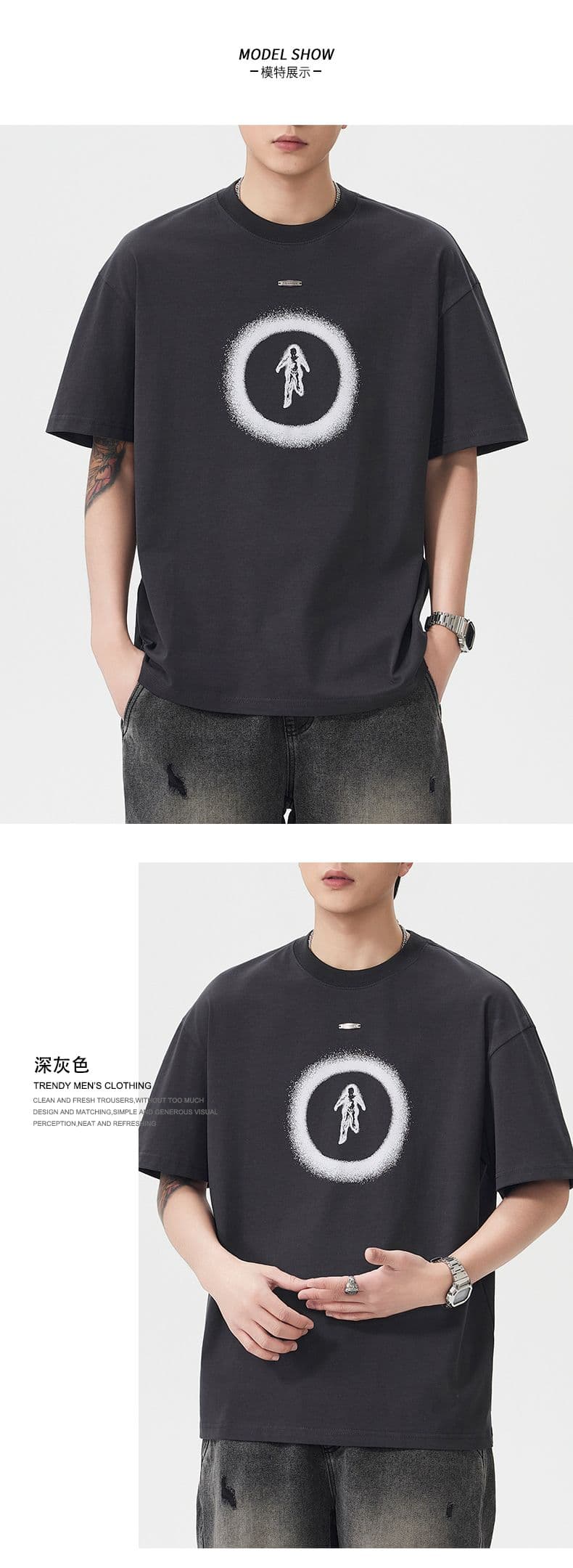 실사 여름 조수 브랜드 일본식 무거운 순면 반팔 티셔츠 남자 루즈핏 라운드 넥 캐주얼 반소매 미니멀리즘 맨위 상세 이미지 6
