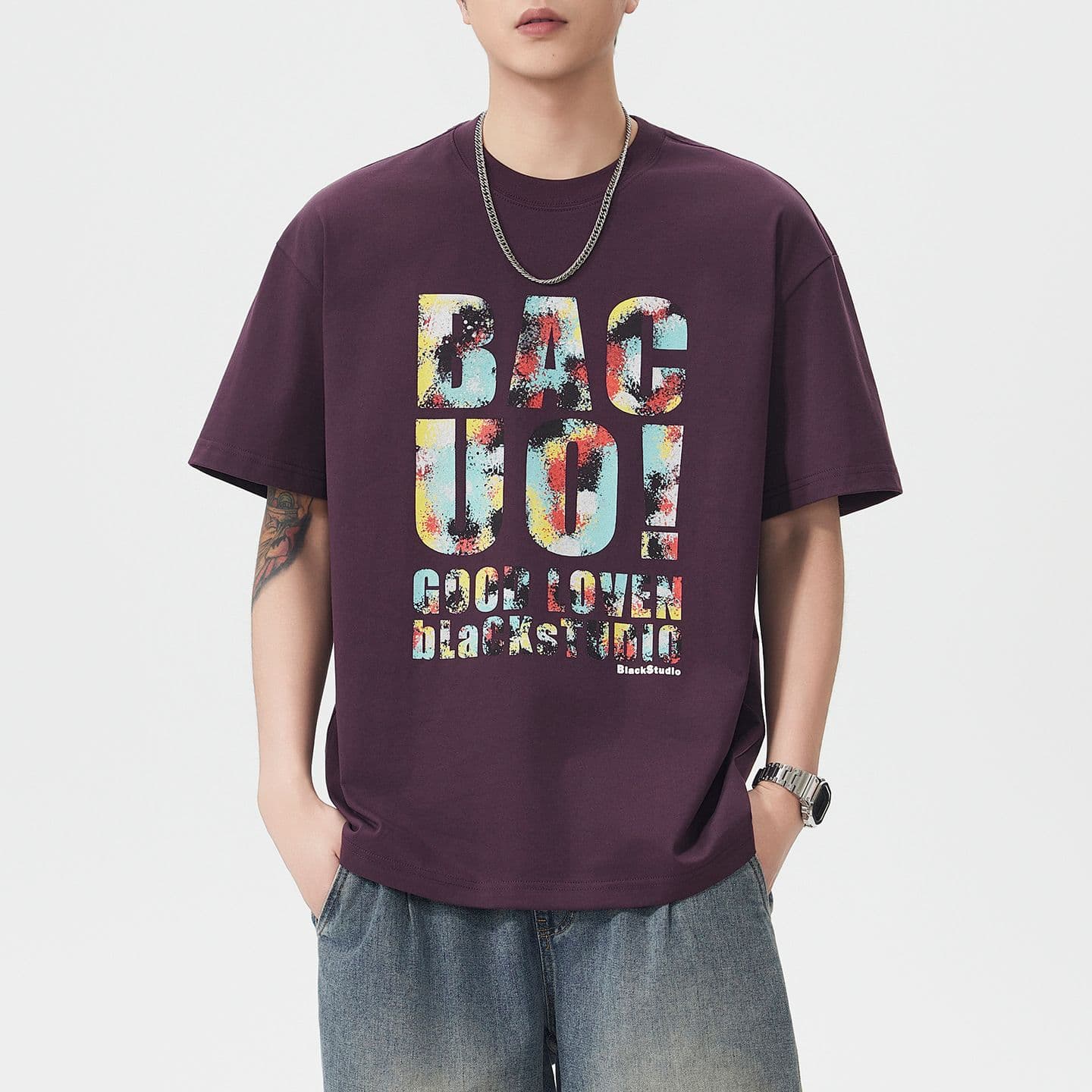 실사 여름 새로운 아메리칸 조수 브랜드 프린트 무거운 면 100% 반팔 티셔츠 남자 루즈핏 다용도 풀오버 맨위 이미지 5