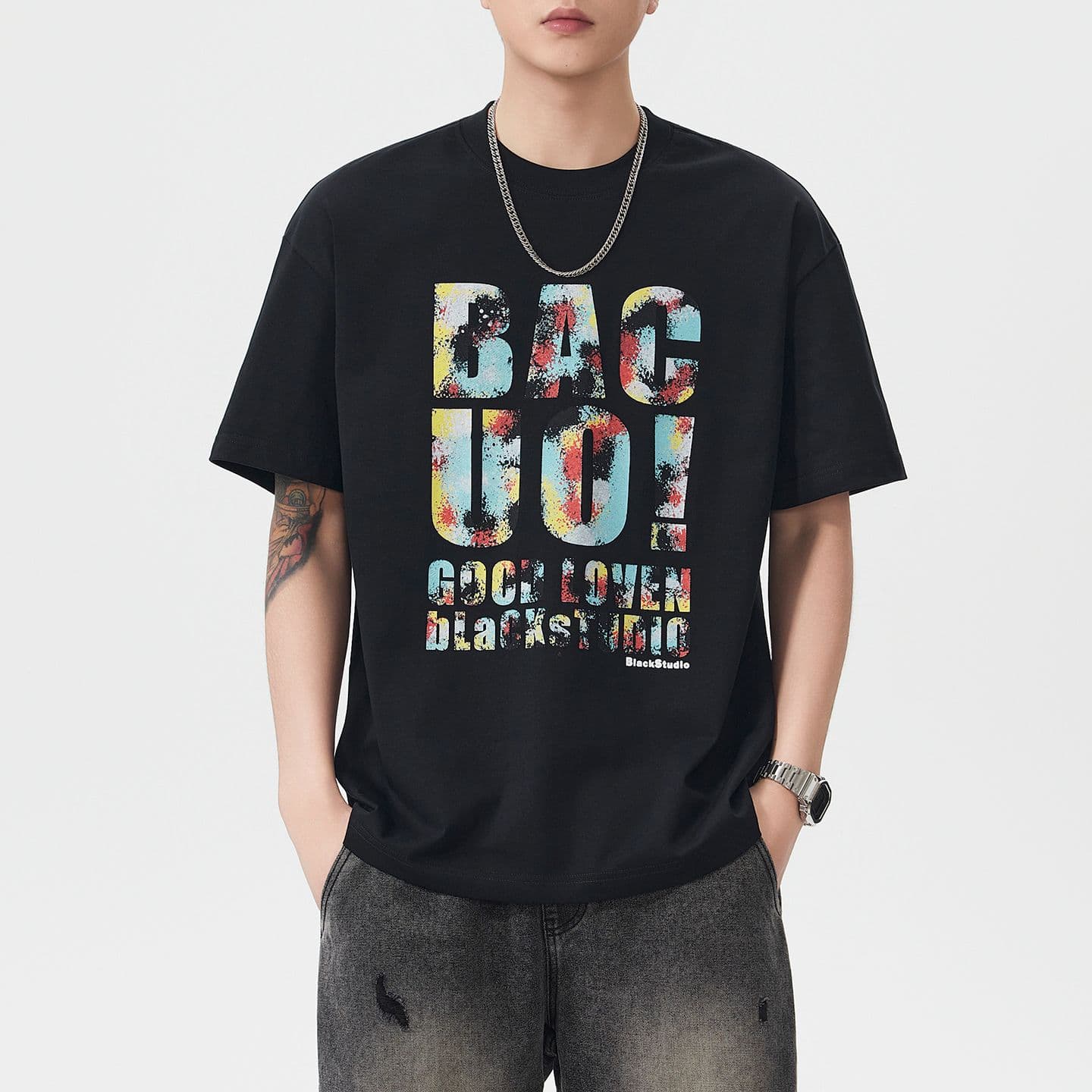 실사 여름 새로운 아메리칸 조수 브랜드 프린트 무거운 면 100% 반팔 티셔츠 남자 루즈핏 다용도 풀오버 맨위 이미지 3