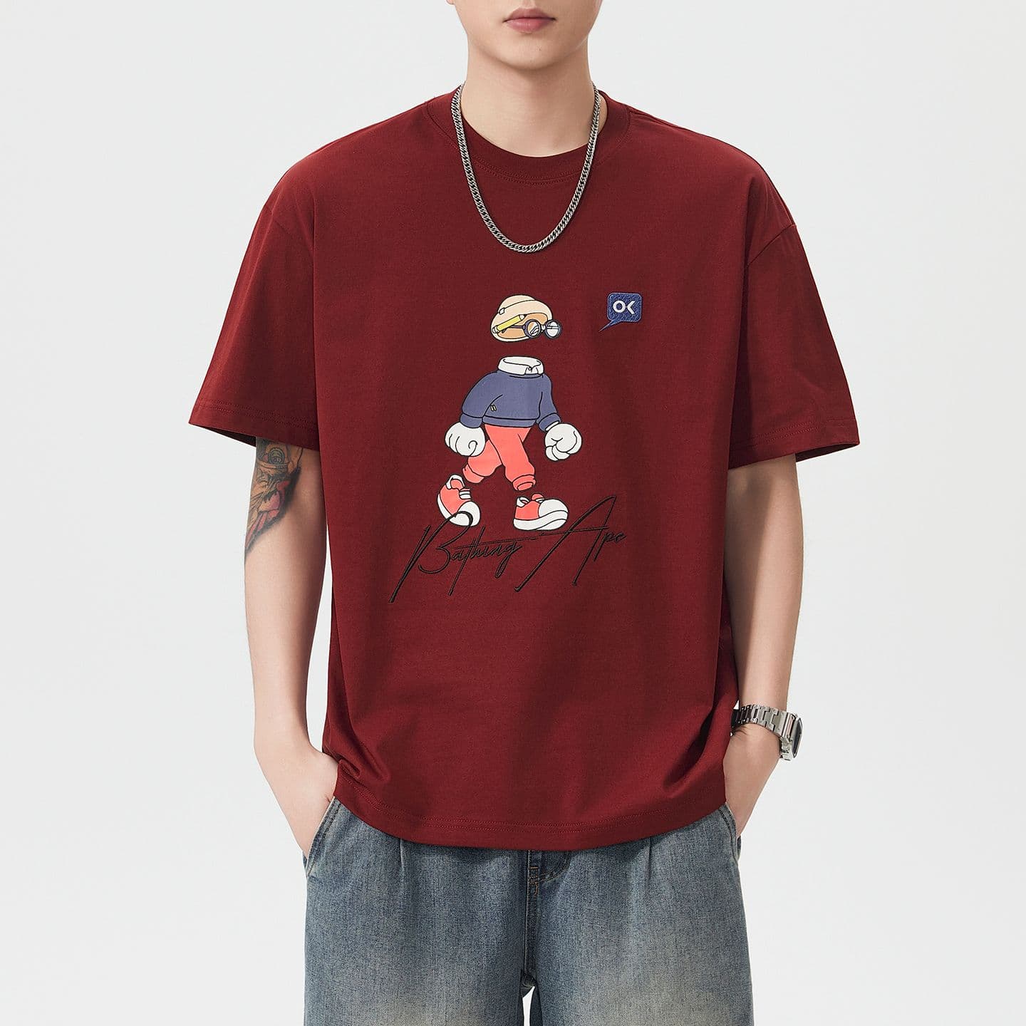 실사 여름 새로운 조수 브랜드 재미있는 자수 프린트 무거운 면 100% 반팔 티셔츠 남자 루즈핏 다용도 맨위 이미지 3