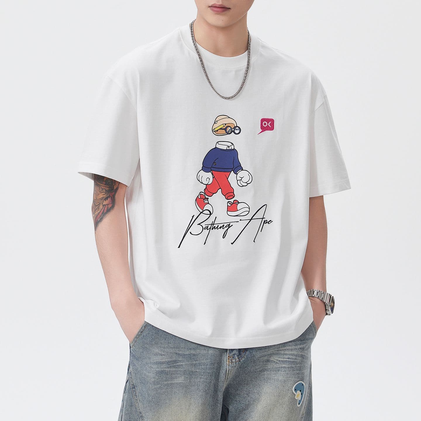 실사 여름 새로운 조수 브랜드 재미있는 자수 프린트 무거운 면 100% 반팔 티셔츠 남자 루즈핏 다용도 맨위 이미지 4