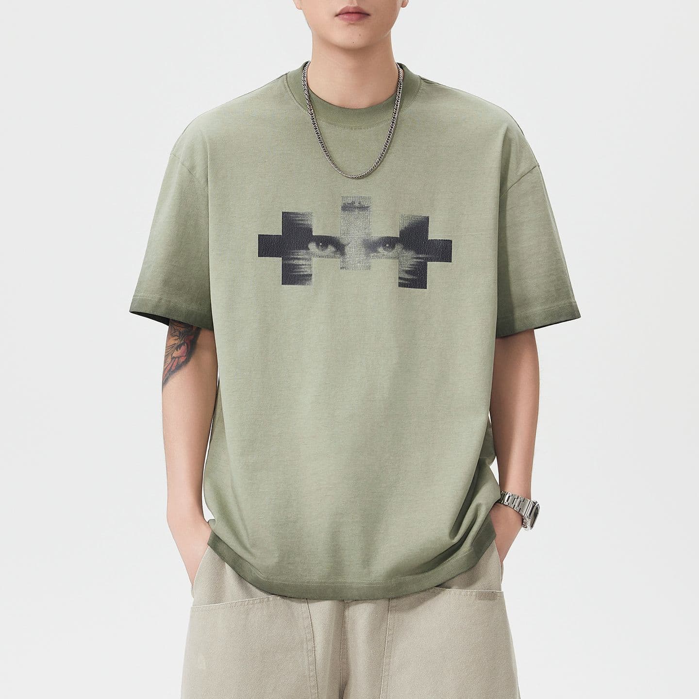 실사 여름 아메리칸 조수 브랜드 레트로 마 오래된 무거운 워싱 면 100% 반팔 티셔츠 남자 루즈핏 다용도 맨위 이미지 4
