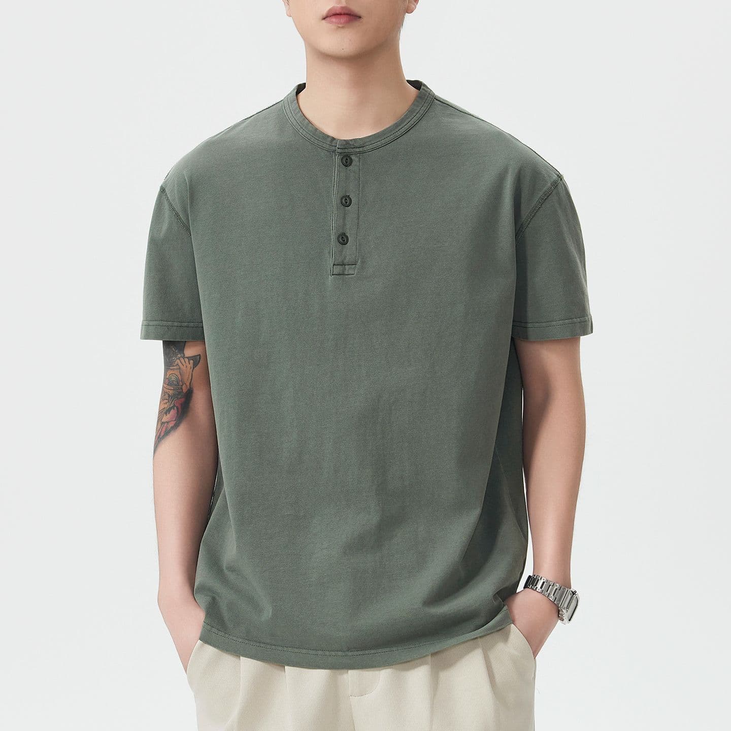 실사 아메리칸 레트로 조수 브랜드 순면 무거운 워싱 반팔 티셔츠 남자 여름 루즈핏 라운드 넥 하프 단추 디자인 이미지 3