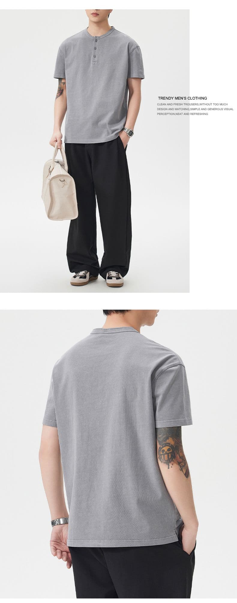실사 아메리칸 레트로 조수 브랜드 순면 무거운 워싱 반팔 티셔츠 남자 여름 루즈핏 라운드 넥 하프 단추 디자인 상세 이미지 7