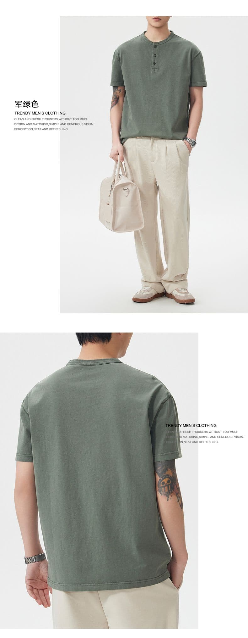 실사 아메리칸 레트로 조수 브랜드 순면 무거운 워싱 반팔 티셔츠 남자 여름 루즈핏 라운드 넥 하프 단추 디자인 상세 이미지 11