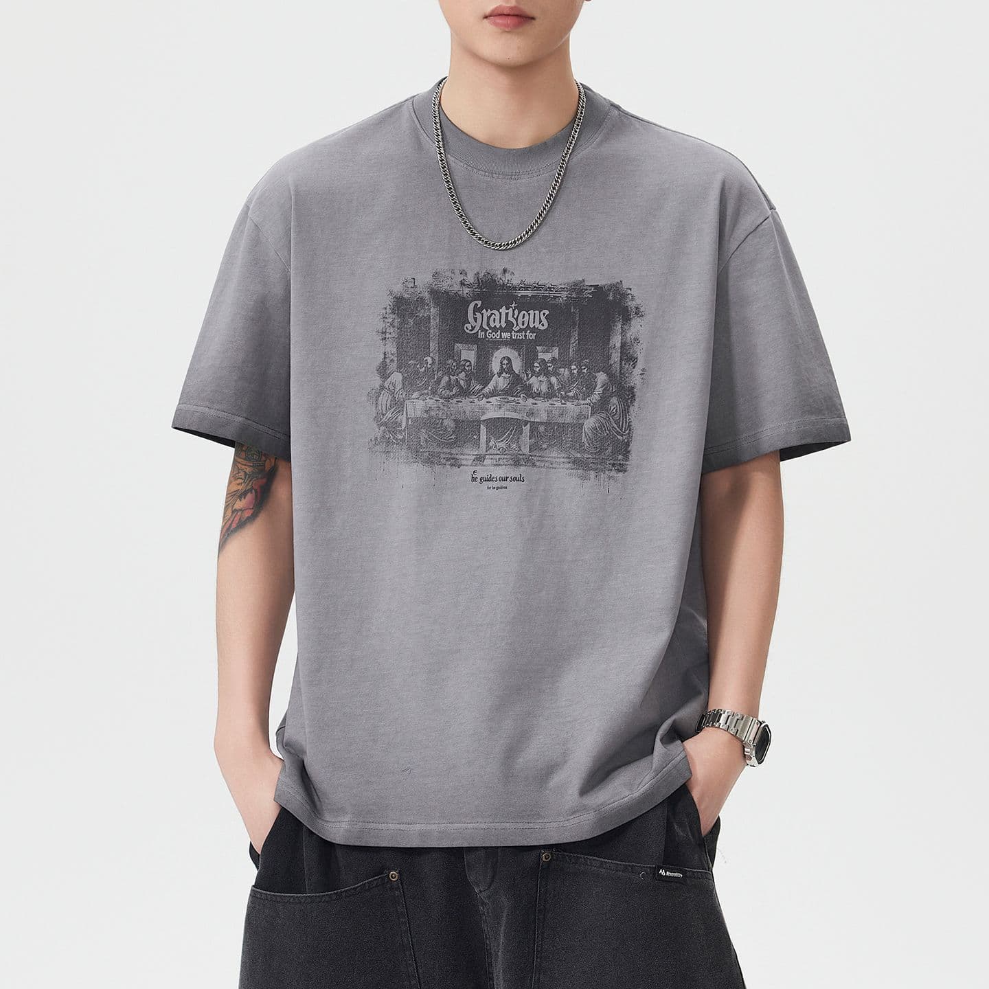 실사 여름 새로운 아메리칸 조수 브랜드 프린트 마 오래된 무거운 워싱 반팔 티셔츠 남자 루즈핏 다용도 맨위 이미지 5