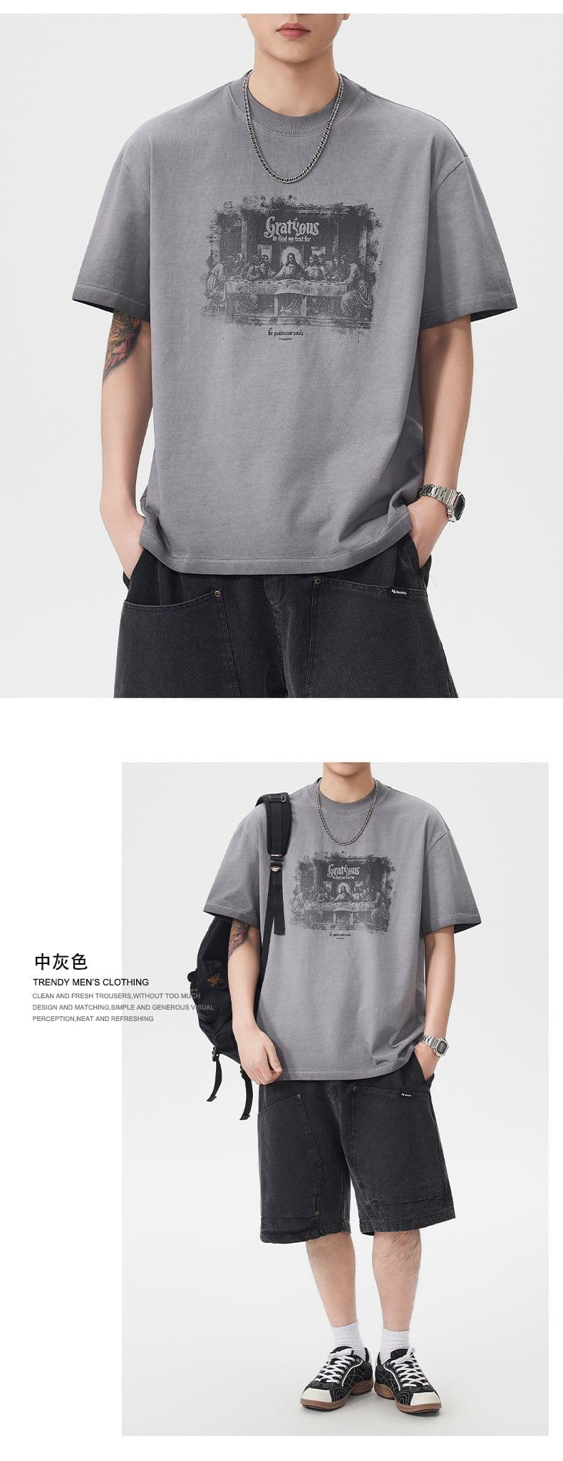 실사 여름 새로운 아메리칸 조수 브랜드 프린트 마 오래된 무거운 워싱 반팔 티셔츠 남자 루즈핏 다용도 맨위 상세 이미지 8