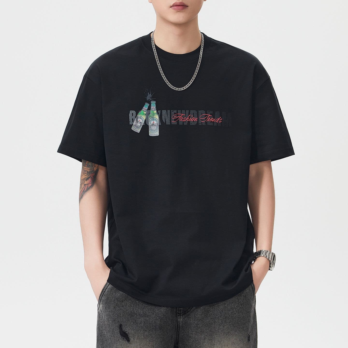 실사 여름 새로운 아메리칸 조수 브랜드 프린트 무거운 면 100% 반팔 티셔츠 남자 루즈핏 다용도 풀오버 맨위 이미지 2