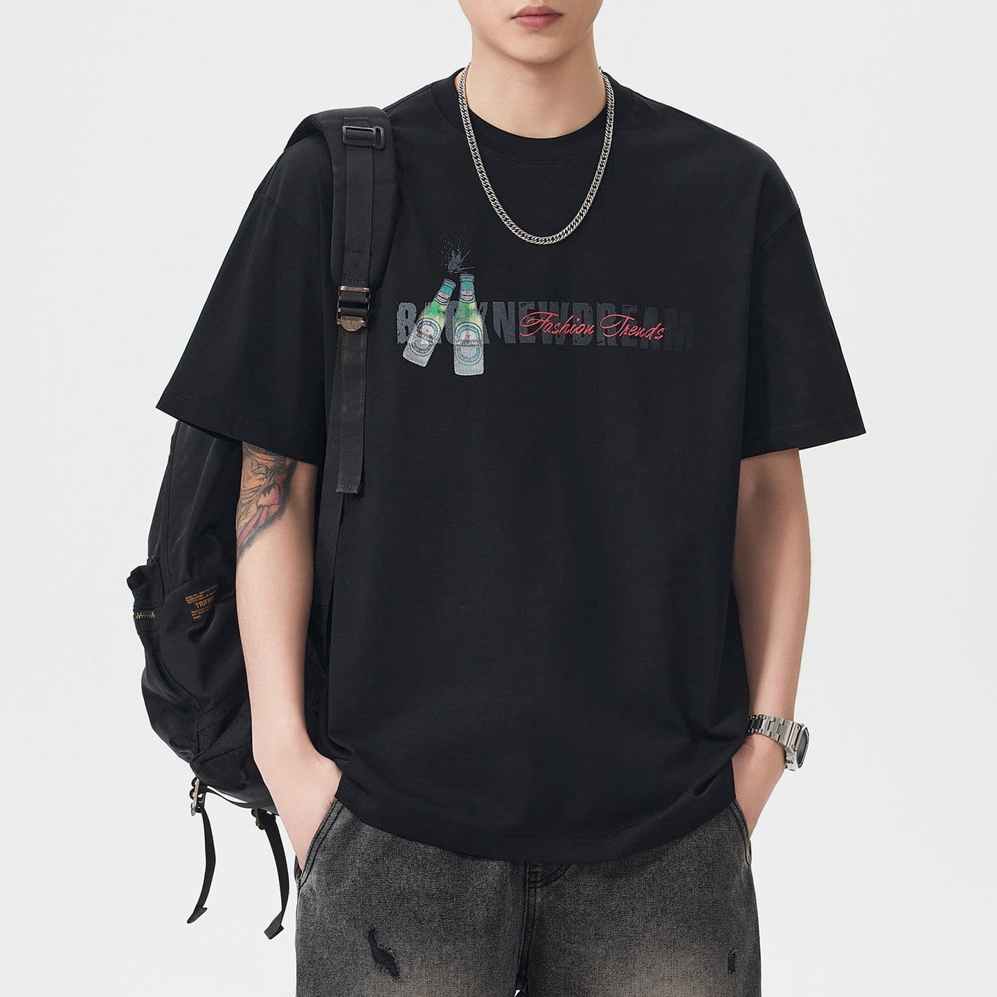 실사 여름 새로운 아메리칸 조수 브랜드 프린트 무거운 면 100% 반팔 티셔츠 남자 루즈핏 다용도 풀오버 맨위