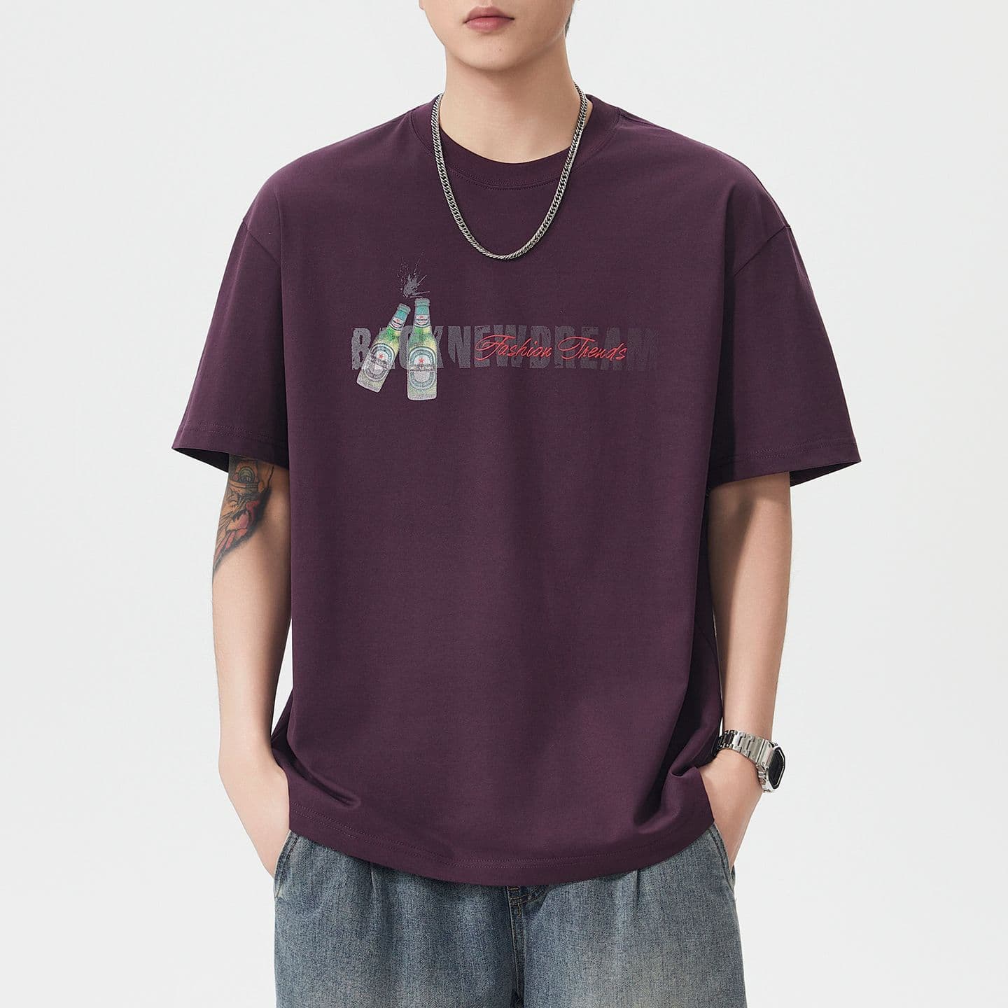 실사 여름 새로운 아메리칸 조수 브랜드 프린트 무거운 면 100% 반팔 티셔츠 남자 루즈핏 다용도 풀오버 맨위 이미지 3
