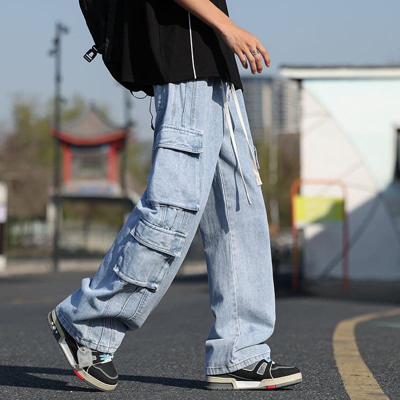 가을 새로운 높음 거리 워크웨어 청바지 남녀 중성 섹션 허리밴드 도루 센스 다용도 와이드 레그 팬츠 롱 바지 이미지 2