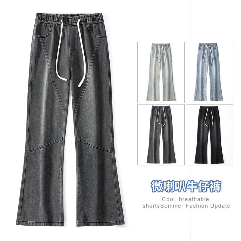 실사 새로운 아메리칸 높음 거리 마이크로 나팔 청바지 남자 루즈핏 레트로 워싱 패치워크 허리밴드 바지 이미지 5