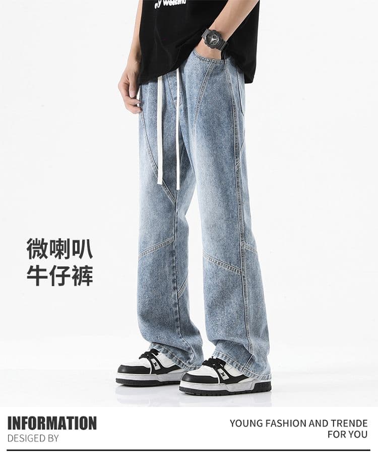실사 새로운 아메리칸 높음 거리 마이크로 나팔 청바지 남자 루즈핏 레트로 워싱 패치워크 허리밴드 바지 상세 이미지 1