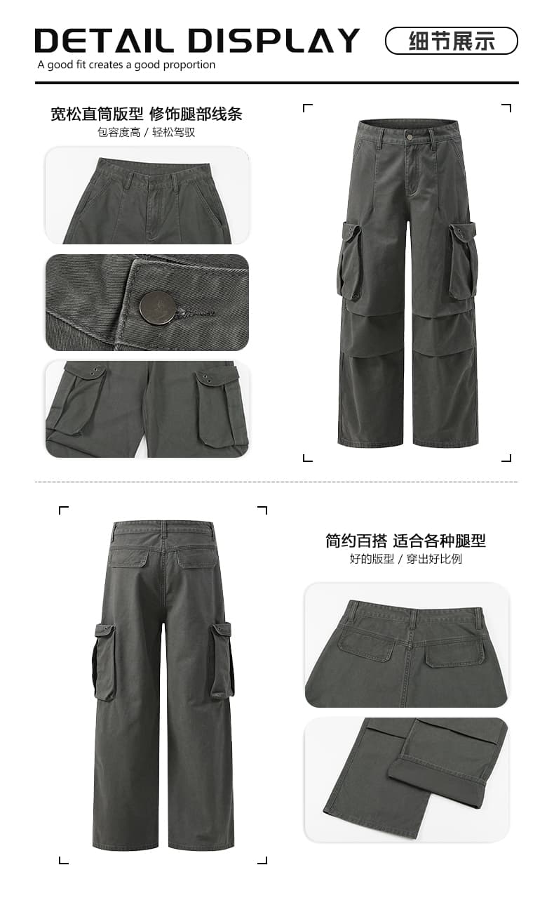 실사 가을 겨울 새로운 아메리칸 레트로 주름 디자인 섹션 워크웨어 팬츠 남녀 높음 거리 vibe 넓은 다리 캐주얼 바지 상세 이미지 3