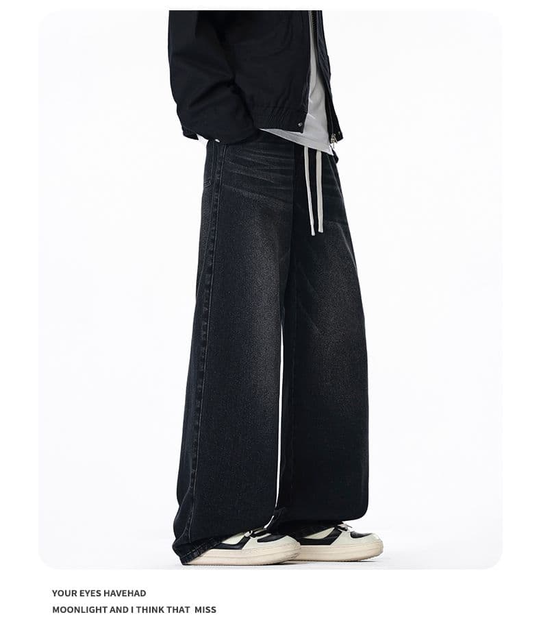 실사 2026 가을 겨울 새로운 루즈핏 스트레이트 항구 바람 청바지 남자 기초 다용도 허리밴드 워싱 바닥 청소 바지 상세 이미지 17