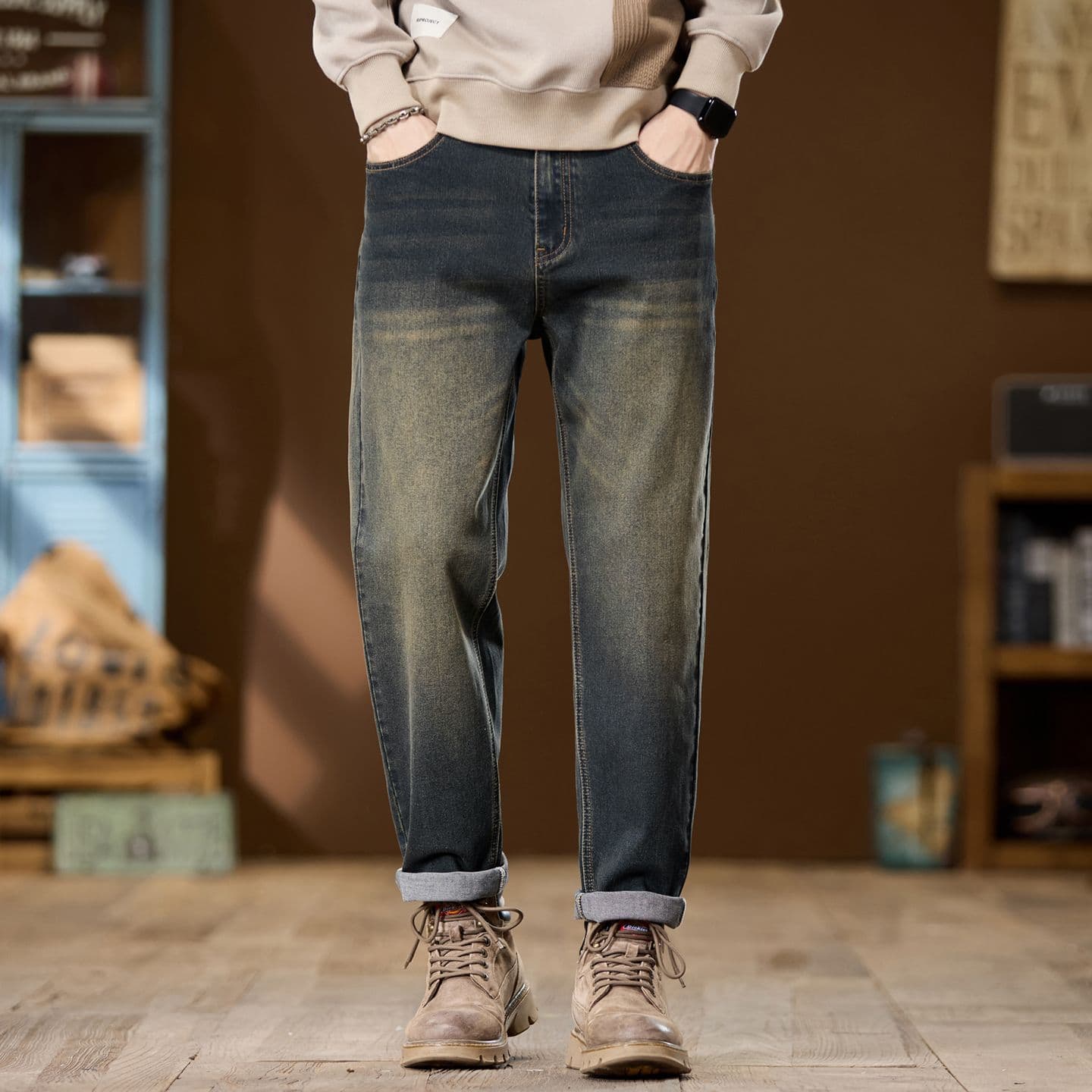 실사 가을 겨울 새로운 아메리칸 조수 브랜드 노스탤지어 신축성 루즈핏 스트레이트 청바지 남자 미니멀리즘 다용도 캐주얼 긴 바지