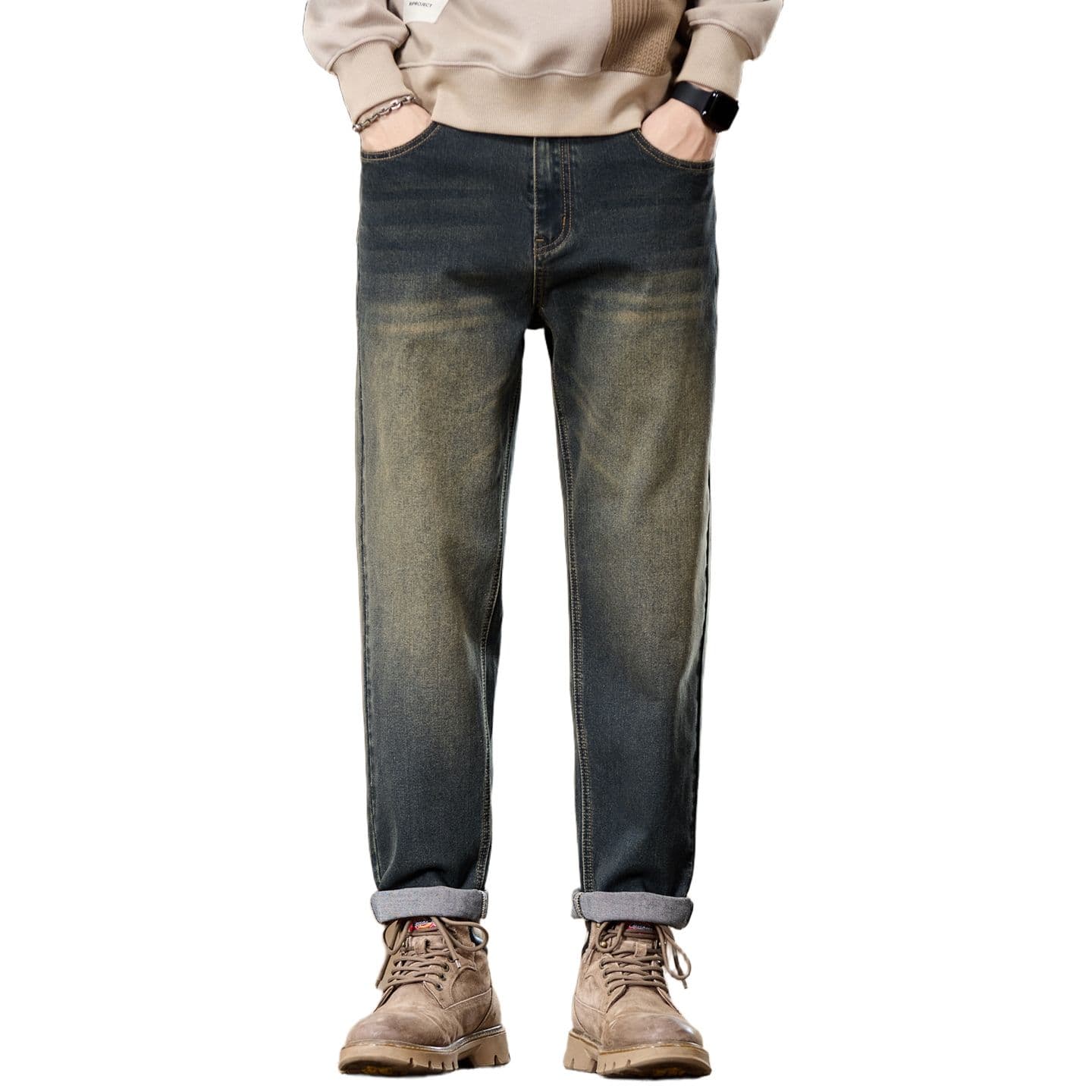 실사 가을 겨울 새로운 아메리칸 조수 브랜드 노스탤지어 신축성 루즈핏 스트레이트 청바지 남자 미니멀리즘 다용도 캐주얼 긴 바지 이미지 5