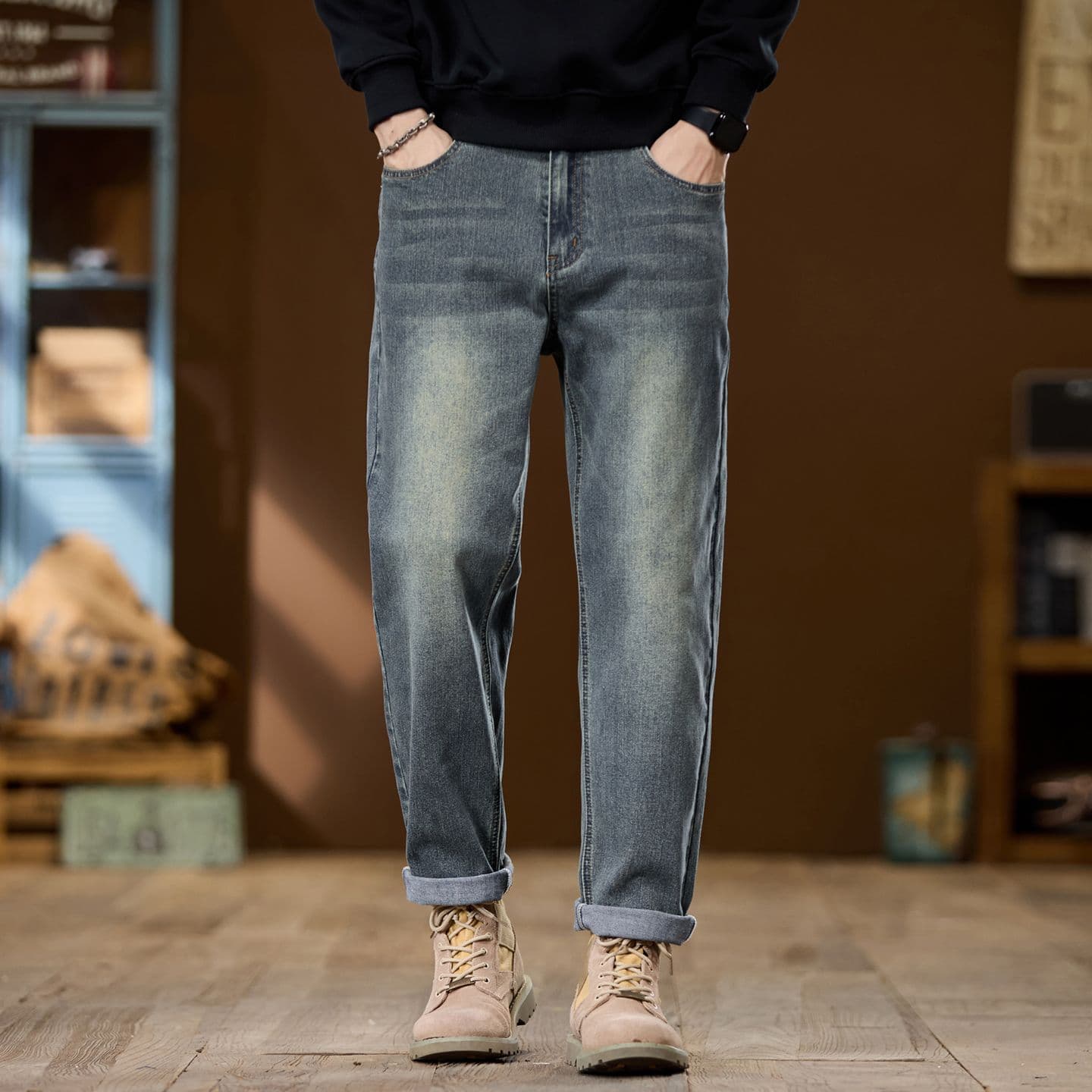 실사 가을 겨울 새로운 아메리칸 조수 브랜드 레트로 신축성 루즈핏 스트레이트 청바지 남자 미니멀리즘 다용도 캐주얼 바지 이미지 4