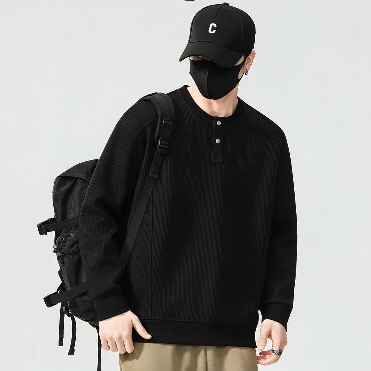 실사 가을 겨울 새로운 조수 브랜드 하프 단추 디자인 라운드 넥 후드티 남자 풀오버 트렌드 와 성별 다용도 신축성 맨위 이미지 2