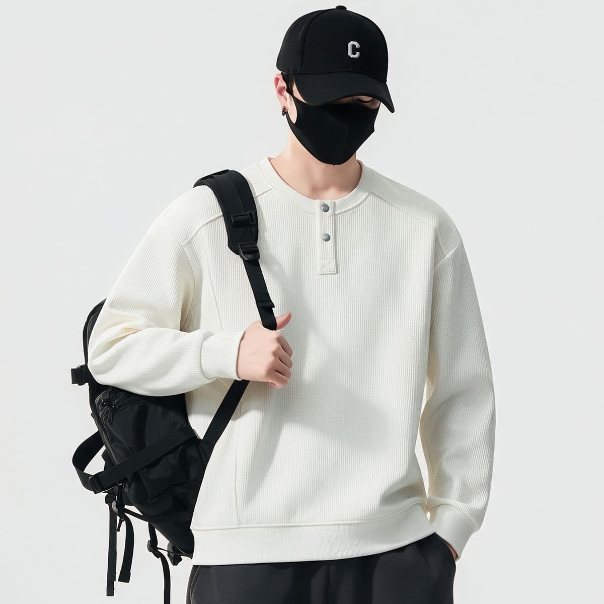 실사 가을 겨울 새로운 조수 브랜드 하프 단추 디자인 라운드 넥 후드티 남자 풀오버 트렌드 와 성별 다용도 신축성 맨위 이미지 3