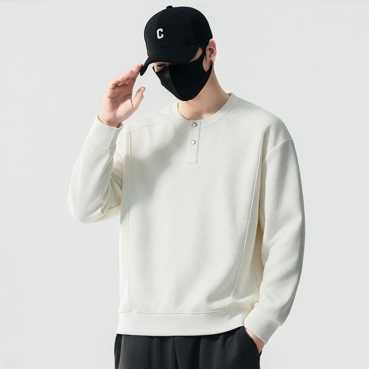 실사 가을 겨울 새로운 조수 브랜드 하프 단추 디자인 라운드 넥 후드티 남자 풀오버 트렌드 와 성별 다용도 신축성 맨위 이미지 4