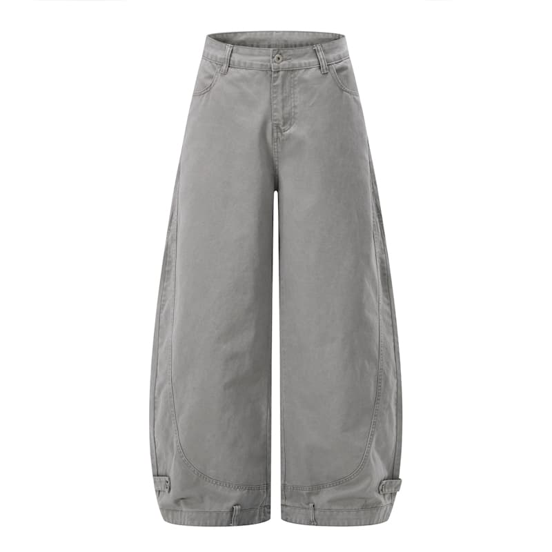 아메리칸 레트로 워싱 단추 디자인 모통이 칼 바지 남녀 루즈핏 조수 브랜드 cleanfit 넓은 다리 곡선 캐주얼 바지 이미지 4