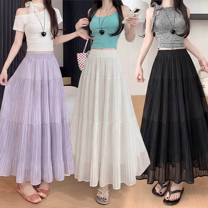 실사 2026 봄 여름 새로운 플리츠 반신 스커트 여성 하이웨이스트 슬림해 보이는 한 마디 큰 진자 우산 치마 플리츠 롱 스커트