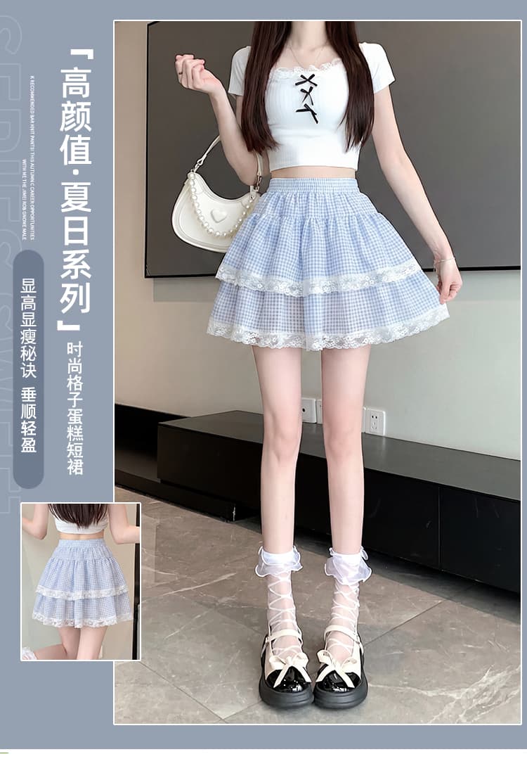 실사 레이스 레이스 체크무늬 케이크 드레스 여성 2026 여름 새로운 하이웨이스트 슬림해 보이는 패치워크 한 마디 미니 스커트 상세 이미지 1