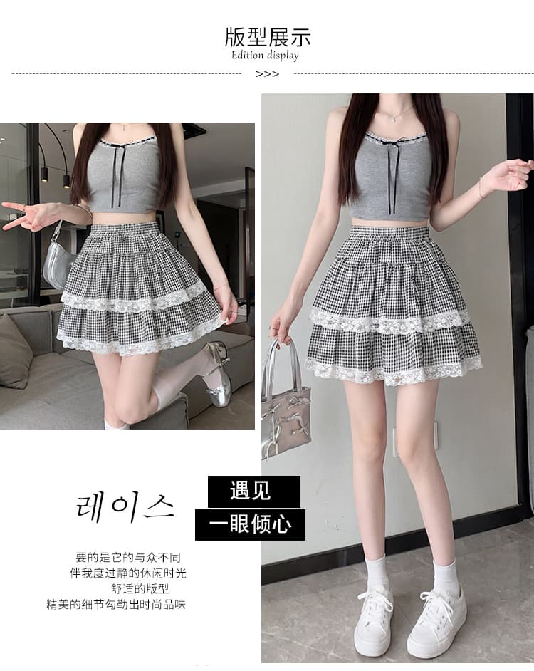 실사 레이스 레이스 체크무늬 케이크 드레스 여성 2026 여름 새로운 하이웨이스트 슬림해 보이는 패치워크 한 마디 미니 스커트 상세 이미지 3