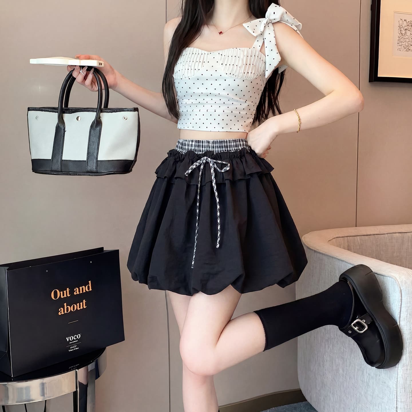 실사 체크무늬 패치워크 꽃밭 치마 2026 새로운 여름 새로운 퍼프 바지 한 마디 캐주얼 버블 랜턴 반바지 이미지 4