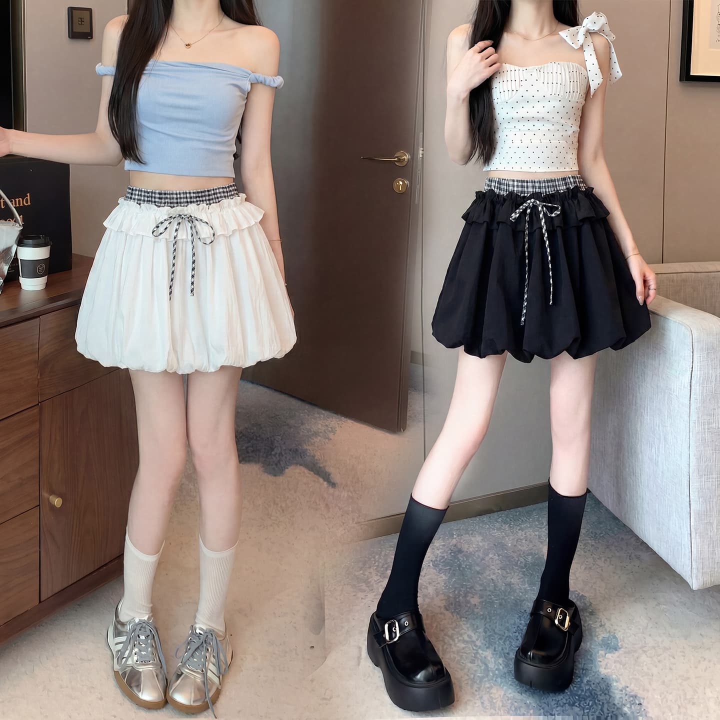 실사 체크무늬 패치워크 꽃밭 치마 2026 새로운 여름 새로운 퍼프 바지 한 마디 캐주얼 버블 랜턴 반바지 이미지 3
