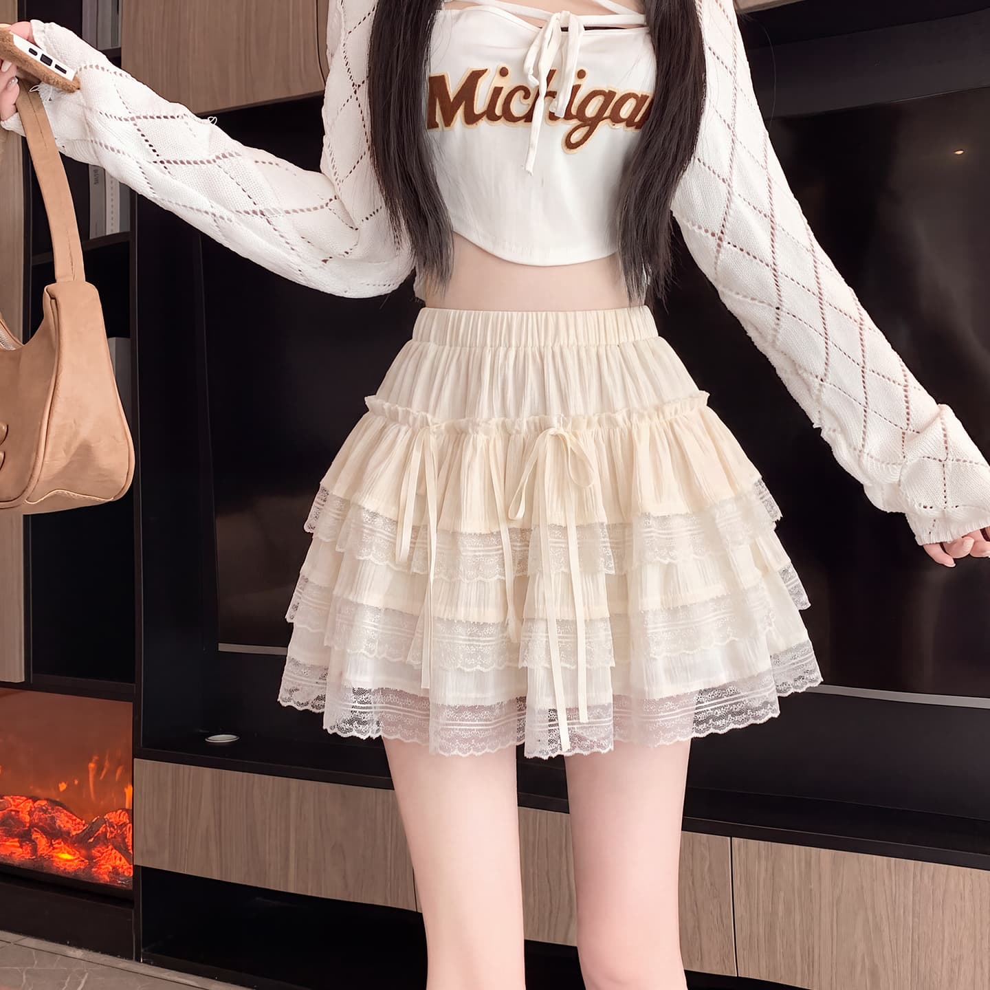 실사 벨벳 레이스 그룹 2026 가을 새로운 망사 케이크 드레스 하이웨이스트 퍼프 스커트 한 마디 슬림해 보이는 반신 스커트 이미지 4