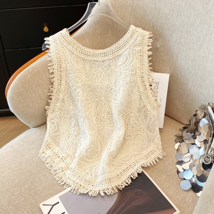 실사 프랑스식 디자인 센스 자수 홀로우 아웃 라운드 넥 캐미솔 여성 의류 여름 니트 스웨터 레이스 작은 셔츠 이미지 3