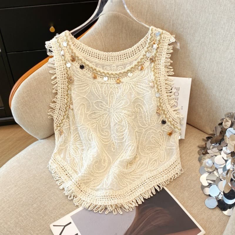 실사 프랑스식 디자인 센스 자수 홀로우 아웃 라운드 넥 캐미솔 여성 의류 여름 니트 스웨터 레이스 작은 셔츠 이미지 5