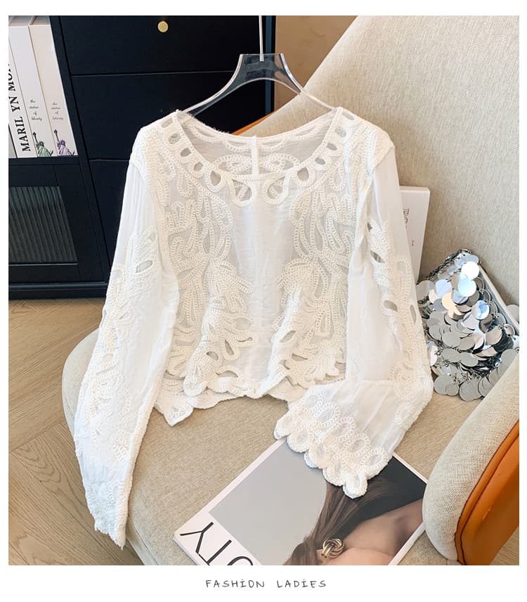 실사 프랑스식 홀로우 아웃 레이스 자수 고급 센스 긴팔 여성 셔츠 봄 달콤함 루즈핏 작은 셔츠 상세 이미지 11