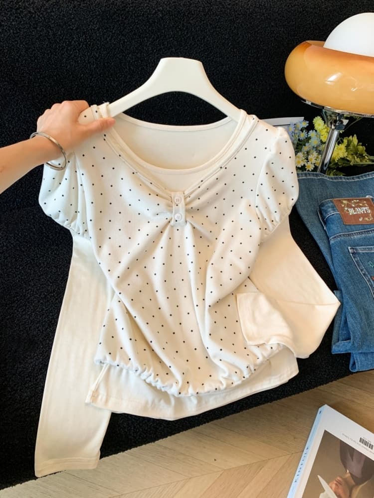 실사 한 부서 부드러운 바람 투피스 세트 긴팔 티셔츠 여성 새로운 몸매 가꾸기 귀여운 작은 셔츠 투피스 세트 이미지 2
