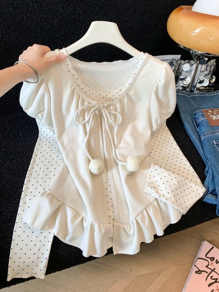 실사 달콤함 프릴 레이스업 반팔 오픈 가디건 도트 무늬 티셔츠 소녀 센스 두 조각 여성 세트 상세 이미지 4