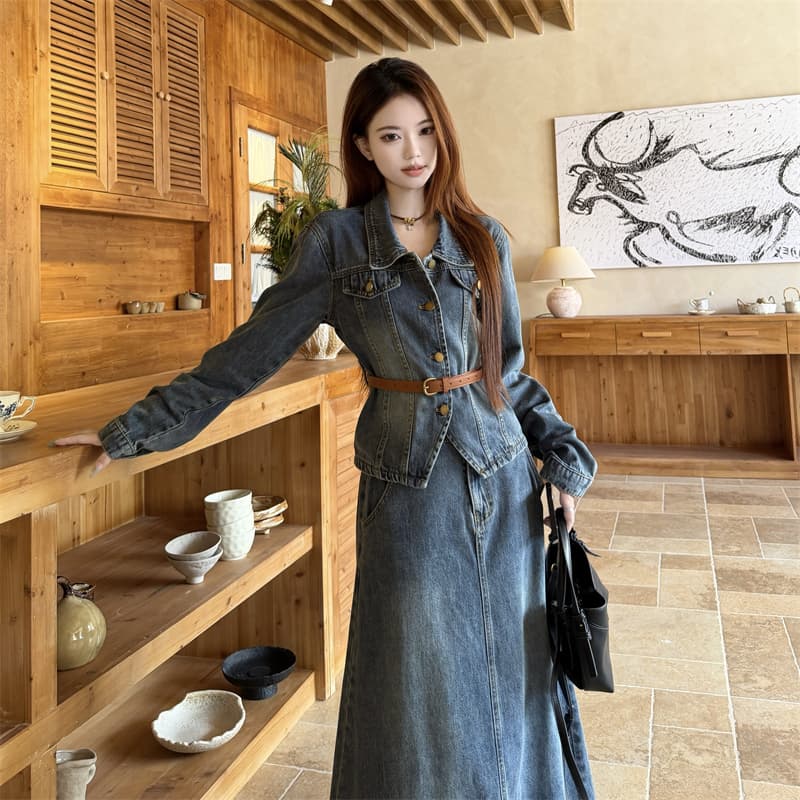실사 아메리칸 레트로 데님 세트 고급 센스 허리 수축 슬림해 보이는 짧은 맨위 바닥 청소 큰 진자 반신 롱 스커트 상세 이미지 14