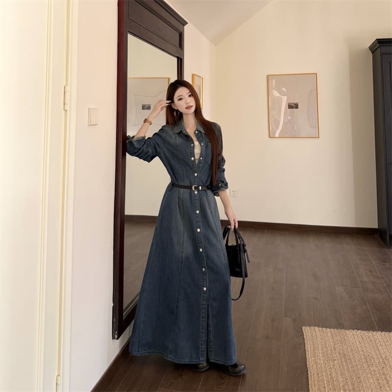 실사 정가 루즈핏 레트로 폴로 칼라 데님 셔츠 드레스 무릎 아래 품격 큰 진자 롱 스커트 881 상세 이미지 1