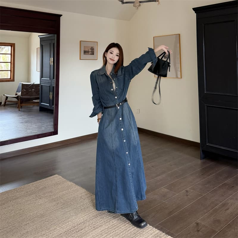 실사 정가 루즈핏 레트로 폴로 칼라 데님 셔츠 드레스 무릎 아래 품격 큰 진자 롱 스커트 881 상세 이미지 6