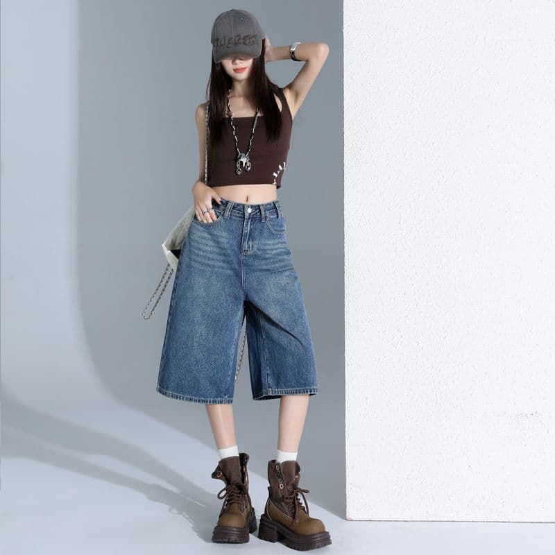 아메리칸 레트로 루즈핏 마 오래된 워시 물 7 점 데님 반바지 여성 여름 높음 거리 넓은 다리 바지 이미지 2