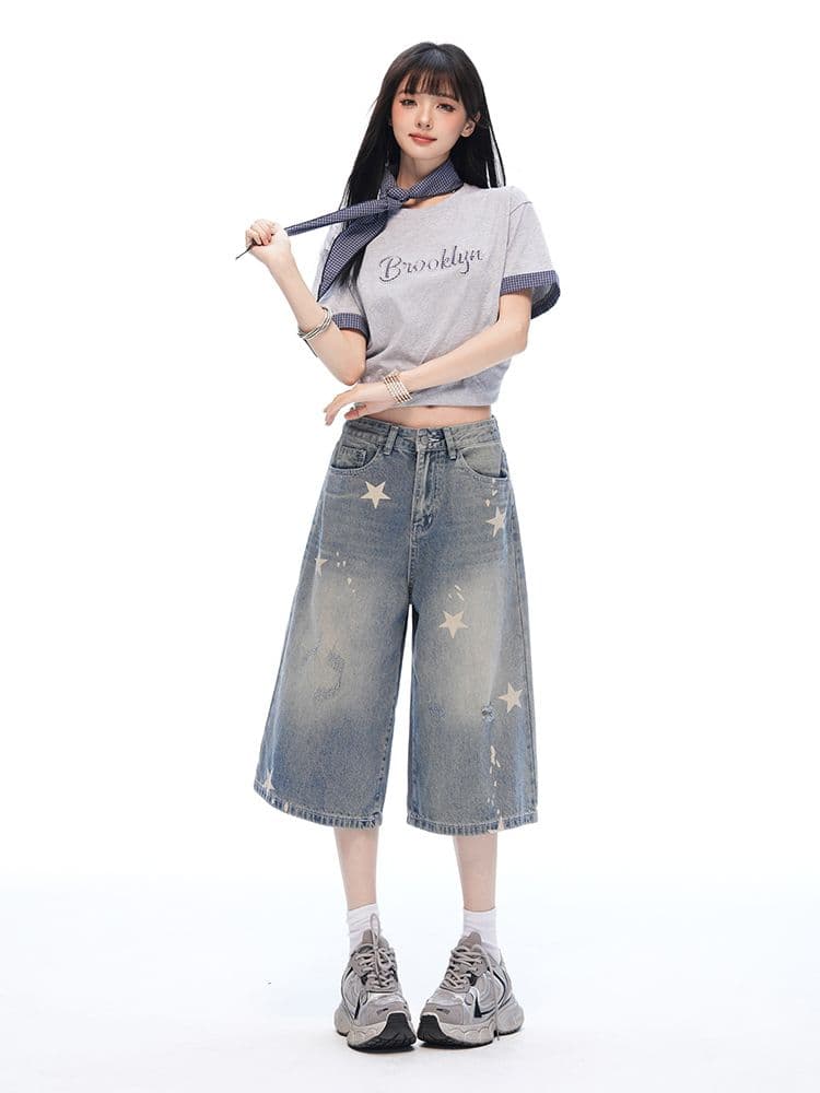 중학생 데님 바지 여성 여름 새로운 아메리칸 레트로 마 오래된 별 프린트 루즈핏 슈퍼 화재 7부 바지 이미지 2