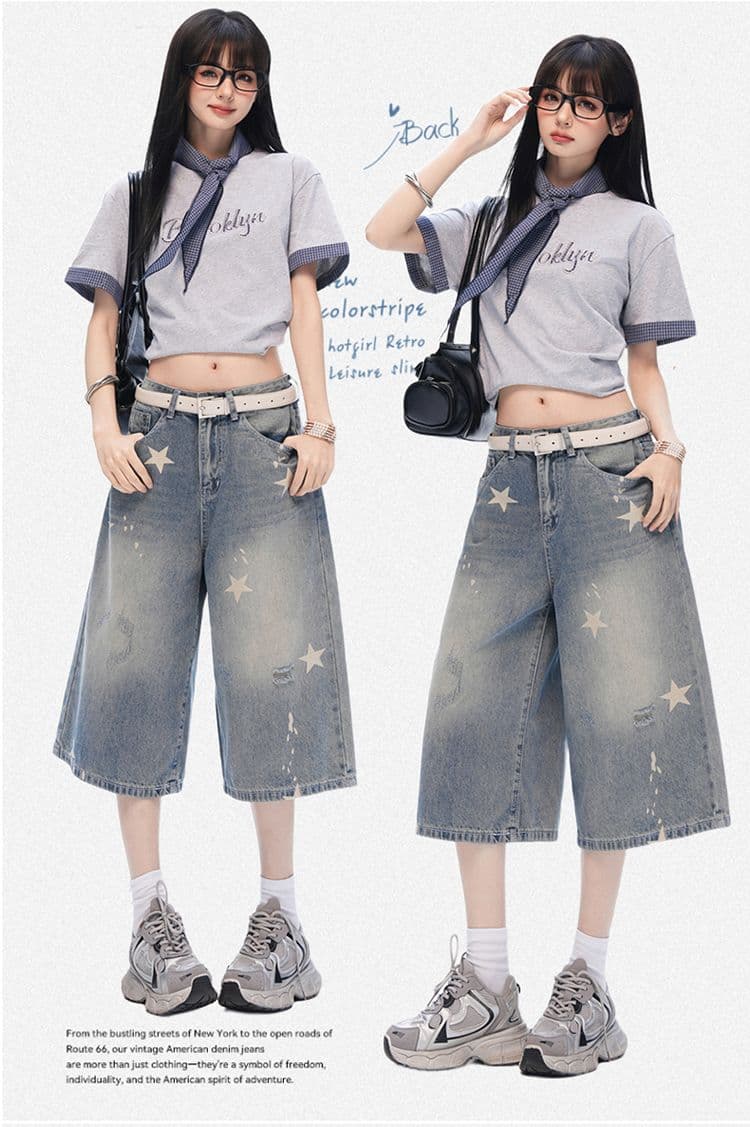 중학생 데님 바지 여성 여름 새로운 아메리칸 레트로 마 오래된 별 프린트 루즈핏 슈퍼 화재 7부 바지 상세 이미지 2