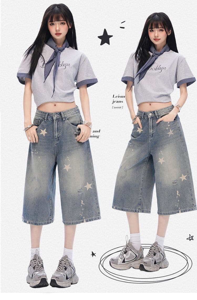 중학생 데님 바지 여성 여름 새로운 아메리칸 레트로 마 오래된 별 프린트 루즈핏 슈퍼 화재 7부 바지 상세 이미지 3