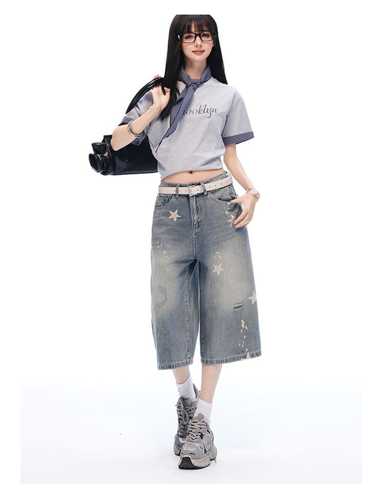 중학생 데님 바지 여성 여름 새로운 아메리칸 레트로 마 오래된 별 프린트 루즈핏 슈퍼 화재 7부 바지 상세 이미지 10
