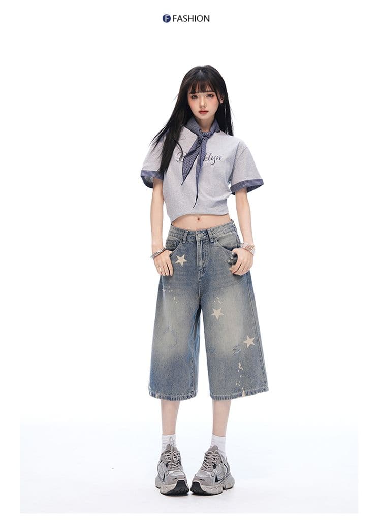 중학생 데님 바지 여성 여름 새로운 아메리칸 레트로 마 오래된 별 프린트 루즈핏 슈퍼 화재 7부 바지 상세 이미지 12