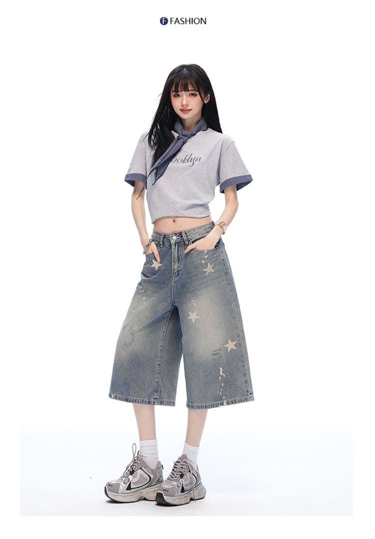 중학생 데님 바지 여성 여름 새로운 아메리칸 레트로 마 오래된 별 프린트 루즈핏 슈퍼 화재 7부 바지 상세 이미지 14