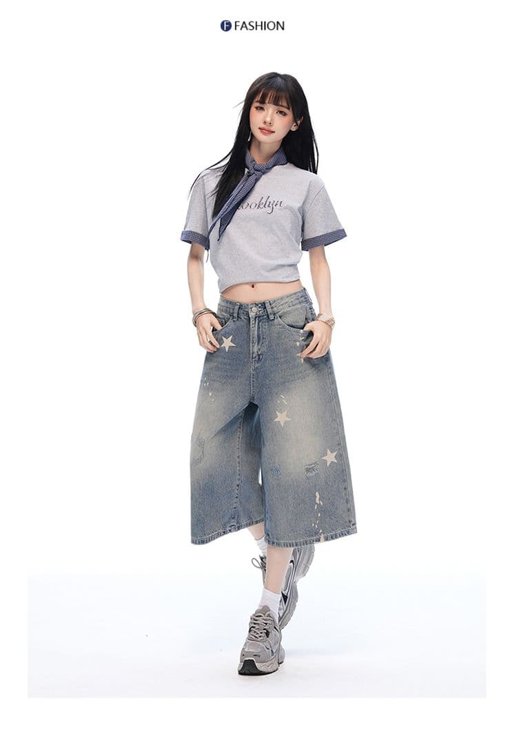 중학생 데님 바지 여성 여름 새로운 아메리칸 레트로 마 오래된 별 프린트 루즈핏 슈퍼 화재 7부 바지 상세 이미지 15
